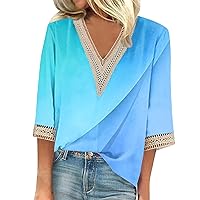Ladies Summer Tops Dressy Casual 3/4 Length Sleeve Shirts Fashion Loose Fit Graphic Tees Boho Lace V Neck T Shirts