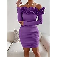 2023 Women's Dresses Off Shoulder Ruffle Trim Bodycon Dress Women's Dresses (Color : Violet Purple, Size : Large)