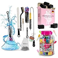 Hookah Cleaning Kit with 5 Brushes & 500 Stainless Steel Cleaning Beads - Hookah Coals Flats Coconut Charcoal for Hookah – 30 Count Value Pack - Candy Hookah Tips - 60 pcs Glow in The Dark Jolly Tips
