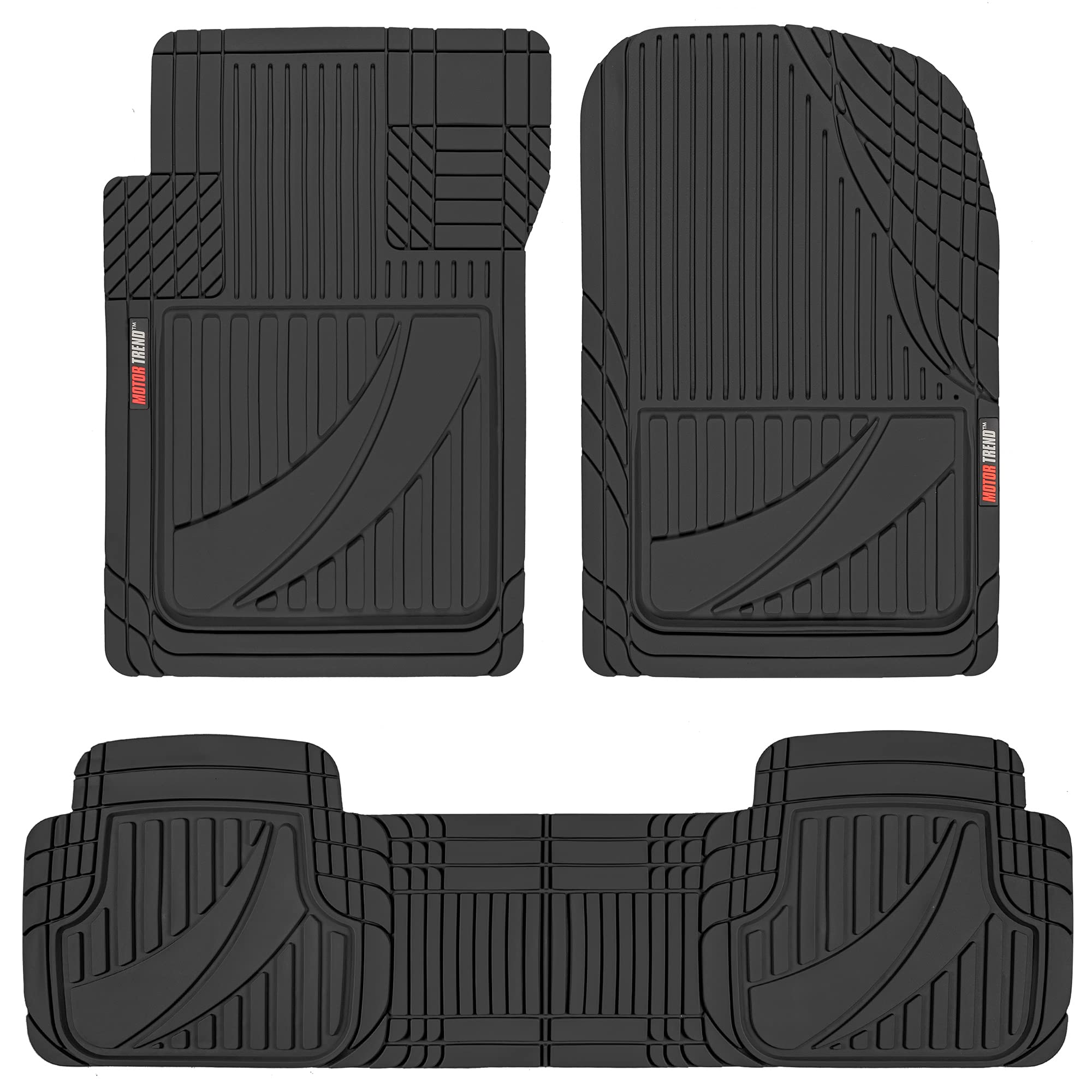 Motor Trend FlexTough Advanced Black Rubber Car Floor Mats – 3 Piece Trim to Fit Floor Mats for Cars Truck SUV, All Weather Automotive Liners with Traction Grips and Multiple Trim Lines