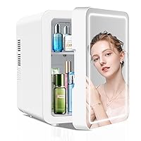 Mini Skincare Fridge (4 Liter/6 Can) with Dimmable LED Light Mirror, Cooler and Warmer for Refrigerating Make Up, Skin Care and Food, Portable Mini Fridge for Bedroom, Office and Car, White