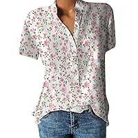 Workout Tops for Women Womens Floral Print Shirts Dressy Casual Blouses Short Sleeve V Neck Button Summer Tops