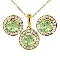 14K Yellow Gold Natural Peridot Earrings and Pendant Set with Diamond Halo Round 5 mm