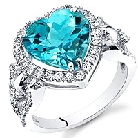 PEORA Swiss Blue Topaz and White Topaz Signature Sweetheart Ring for Women 14K White Gold, Genuine Gemstone Birthstone, 4 Carat Heart Shape 10mm, Sizes 5 to 9