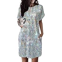 Engagement Dresses for Photoshoot, 2024 Casual Midi Dress with Pockets Boho Crew Neck Smocked Tiered Beach Vacation Dress Short Sleeve Summer Women Vestidos Short Dresses (XXL, Silver)