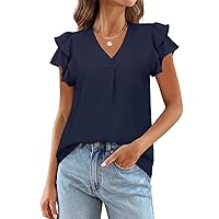 MEROKEETY Women's 2024 Summer V Neck Ruffle Short Sleeve Blouse Business Casual Top Shirts