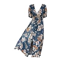 Summer Dresses for Women Beach Tshirt Dresse Women's Dress Floral Printing V Neck Fashion Holiday Style Middle