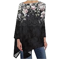 Oversized Tops for Women Floral Print Long Sleeve Tunic Hide Belly Loose T Shirt 2024 Fall Irregular Hem Dressy Blouse