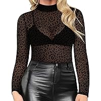 RITERA Plus Size Sheer Mesh Tops for Women Long Sleeve Sexy Shirts See Though Mock Neck Party Club Tunic Leopard 4XL