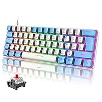 Wired 60% Gaming Mechanical Keyboard with Red Switch, UK Layout 19 Rainbow LED Backlit Mini Portable 62 Keys Detachable USB-C Cable Full Keys Anti-Ghosting Waterproof for PC Mac - White & Blue