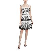 BCBGMAXAZRIA Women's Sleeveless Square Neck Embroidered Lace Short Evening Dress