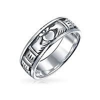 Personalized BFF Unisex Celtic Irish Friendship Couples Promise Claddagh Wedding Band Ring For Men Women Oxidized .925 Sterling Silver Customizable