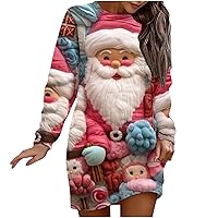 Cute Santa Claus Christmas Sweatshirt Dress for Women Oversized Long Sleeve Crewneck Funny 3D Print Sweater Dresses