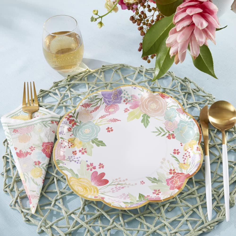 Kate Aspen Garden Blooms 9 in. Premium Decorative Paper Plates | Party Supplies (350 GSM weight -Set of 16) - Perfect for Weddings, Bridal Brunches, Bridal/ Baby Showers