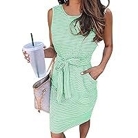 Summer Dresses for Women 2024 Casual Striped Short Sleeve Sexy Slim Crewneck Knee Length Beach Sundress with Pockets