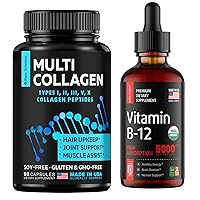 S RAW SCIENCE Healthy Hair & Nails & Joint Support, Healthy Heart & Mood & Energy Booster & Metabolism — Multi Collagen Capsules 90pcs and Vitamin B12 Drops 5000mcg