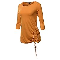 Made by Emma Women's Basic Solid Side and Sleeve Shirring 3/4 Sleeve Tunic Top