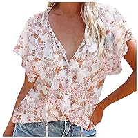 Going Out Tops for Women Cute Short Sleeve V Neck Tops Loose Travel Casual Blouses for Women Fashion 2022