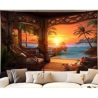QGHOT Ocean Tapestry Beach Tapestry Wall Hanging Sunset Coastal Nature Scenic Tapestries Large Wall Mural Tapestry for Office Bedroom Living Room Home Decor (60x50in)
