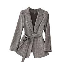 Casual Plaid Blazer Women Korean Lace Up Long Sleeve Vintage Jackets Office Ladies Slim Coats