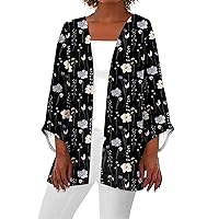 Dress Cardigan Kimono Cardigans for Women 2024 Summer Floral Print Draped Open Front with Long Puff Sleeve Cruise Outfits Black Small