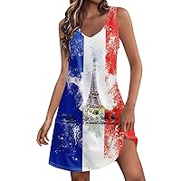 Women's 4Th of July Dress Casual Independent Day Printed Dress with V-Neck Vest and Pocket Beach Dress, S-3XL