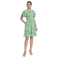 Maggy London Women's Painterly Petal Printed Flutter Sleeve Dress with Button Front Keyhole