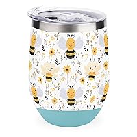 Cute Bee Honey Flower 12 Oz Wine Tumbler with Lid Double Wall Travel Mugs Stainless Steel Wine Glasses for Cold & Hot Drinks