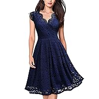 Women's Lace Dress,Waisted V Neck Dresses Knee Length Party Dress,Slim Bridesmaid Cocktail Wedding Dress-Blue Medium