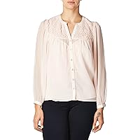 Lucky Brand Women's Puff Sleeve Button Up Smocked Yoke Peasant Top