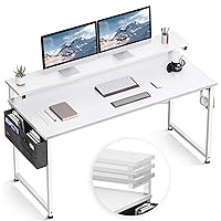 ODK Computer Desk with Adjustable Monitor Shelves, 55 inch Home Office Desk with Monitor Stand, Writing Desk, Study Workstation with 3 Heights (10cm, 13cm, 16cm), White + White Leg