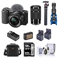 Sony ZV-E10 Mirrorless Vlog Camera with 16-50mm Lens, Black - Bundle with 55-210mm Lens, 128GB SD Card, Shoulder Bag, Mic, Tripod, Extra Battery, Charger, 49mm & 40.5mm Filter Kit, Cleaning Kit