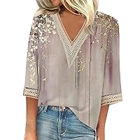 Women Blouses 3/4 Sleeve Womens Tops Casual Loose Fit Floral Print V Neck Tops Summer Tops for Women 2024