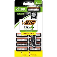 Flex 4 Refillable Razors for Men, Long-Lasting 4 Blade Disposable Razors for Sensitive Skin, 1 Handle and 8 Cartridges, 9 Piece Shaving Kit