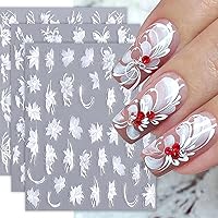 6 Sheets Flower Nail Art Stickers Decals 5D Embossed Nail Decals White Floral Butterfly Nail Supplies 3D Self-Adhesive Flowers Nail Design Nail Sticker Flower Stickers for Nails Women Nail Decorations