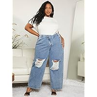 Women's Plus Size Denim Pants Plus Asymmetrical Waist Ripped Frayed Straight Leg Jeans Fashion Beauty Lovely Unique (Color : Light Wash, Size : US26)