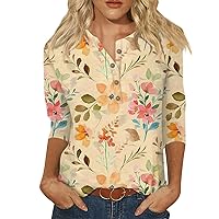 Womens Tops 3/4 Length Sleeves Button Down Casual Summer Shirts Loose Fit Three Quarter Length Sleeve Blouse