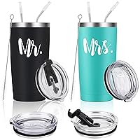CozyHome Mr and Mrs Tumbler Set of 2, Gifts for Newlyweds Couples Wife Bride To Be Newly Engaged Bridal Shower Wedding Engagement, 20 oz Stainless Steel Insulated Travel with Lids, Black & Mint