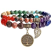 Natural Semi Precious Gemstone beads bracelet for women - Tree of Life and Leaf Charm Energy Healing Reiki Crystal Stretch Bracelets