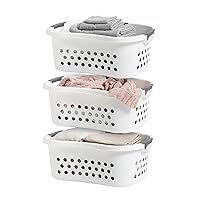 USA Laundry Basket 50L Large Plastic Hip Hold Hamper with Built-In Comfort Carry Handles, 3-Pack, 1.5 Bushel Hamper for Storage with Ventilation Holes for Closet Dorm Laundry Room Bedroom, White