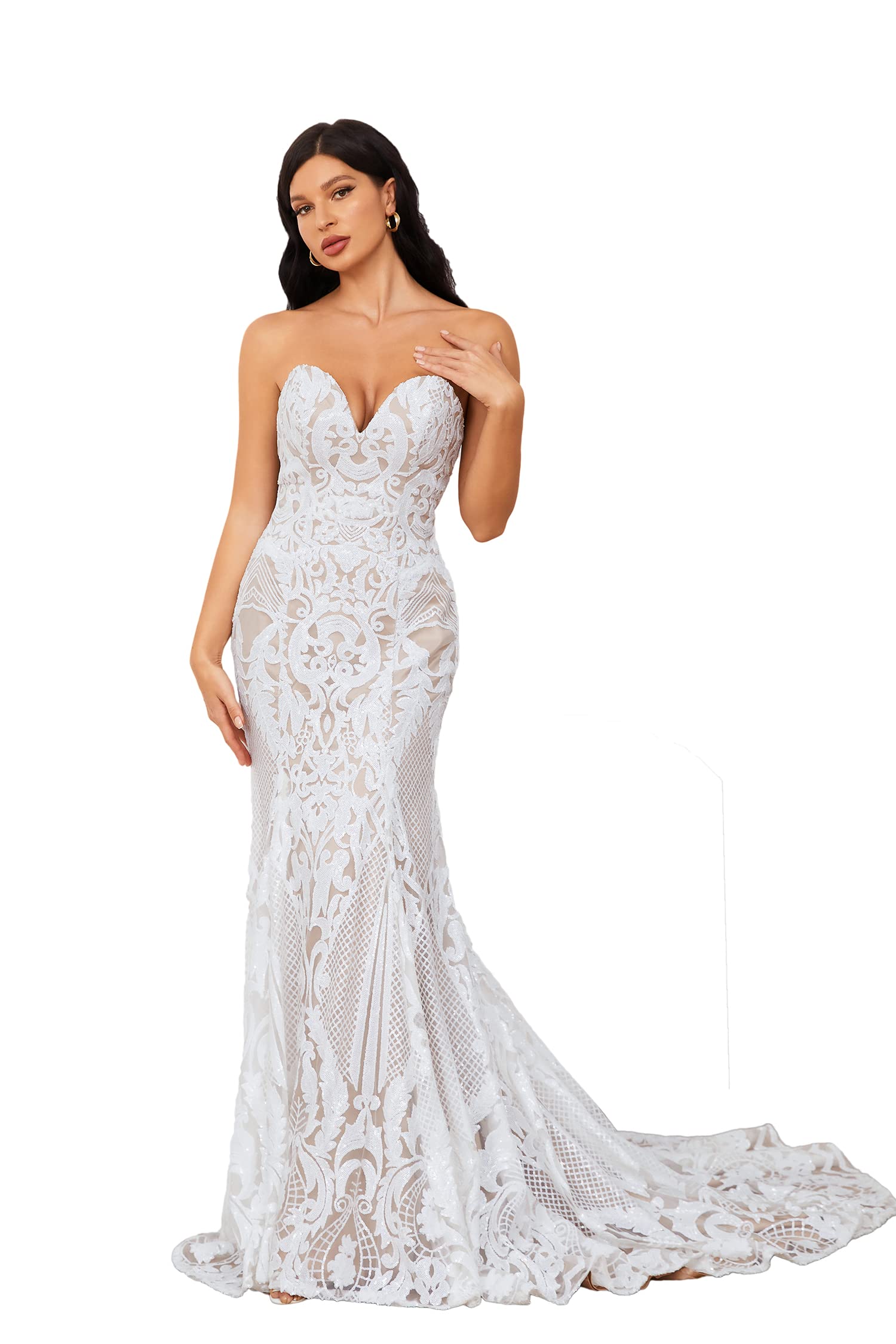 Ruolai Strapless Sweetheart Neck Special Sequined Mermaid Evening Dress Wedding Gowns