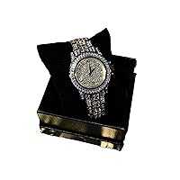 Men's Womens Round 2 Tone Gold Dial Wrist Watch Band Luxury CZ Diamond Iced Bracelet Baguette Round Dial Watch for Men Women Hip Hop Rapper Choice, Jewelry Watch, Custom Fit Watch, Bust Down Watch