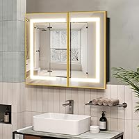 ROOMTEC Lighted Medicine Cabinet with Mirror, Bathroom Mirror Cabinet with Lights and Storage, 2 Doors Bathroom Wall Cabinet with LED Lights, Gold, 36