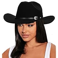Classic Western Felt Cowboy Cowgirl Hat for Women Men Wide Brim Belt Buckle Cowboy Hat (Size:Medium-Large)