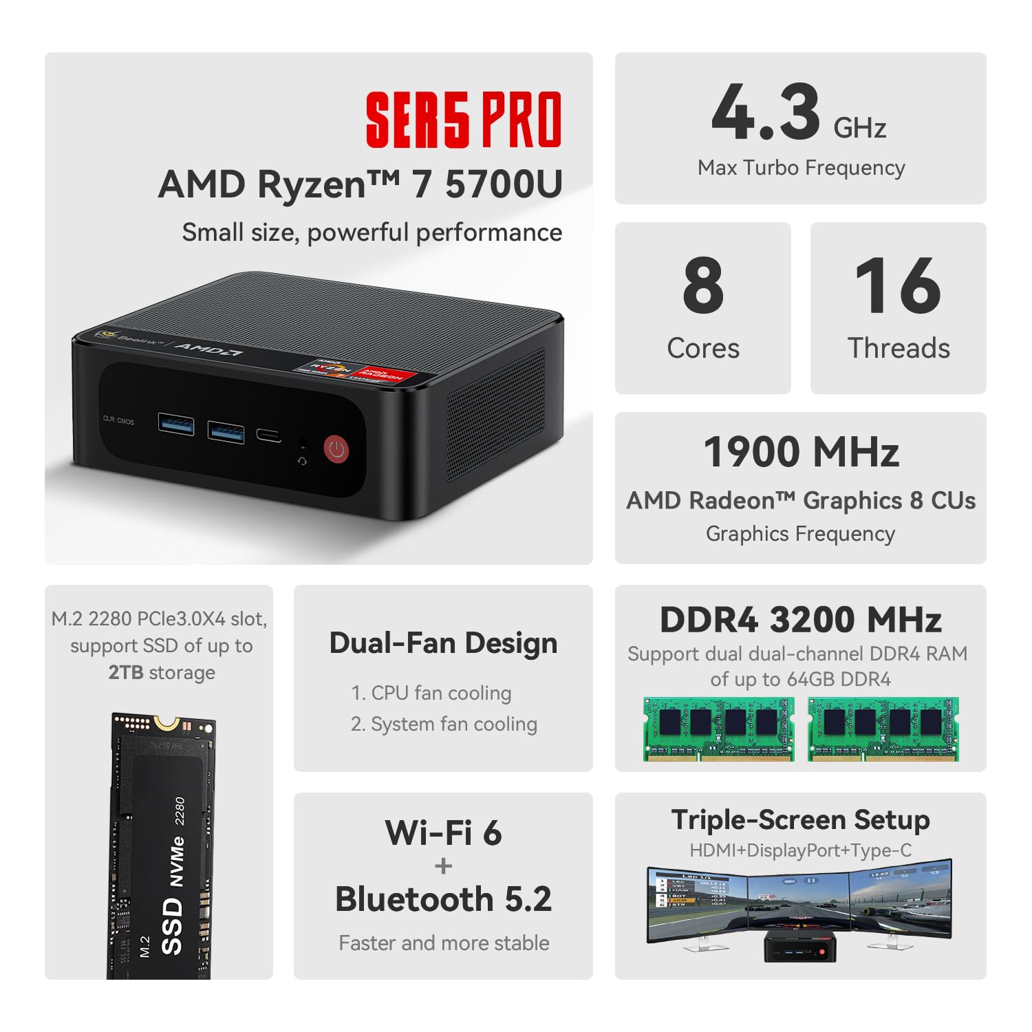 Beelink Mini PC, AMD Ryzen 7 5700U(8C/16T, Up to 4.3GHz), 16GB DDR4 RAM 1TB PCIe3.0 x4 SSD, SER5 Pro Mini Desktop Computer Support 4K Triple Display/DP/HDMI/USB 3.2/WiFi 6/BT5.2, Gaming/Office/Home
