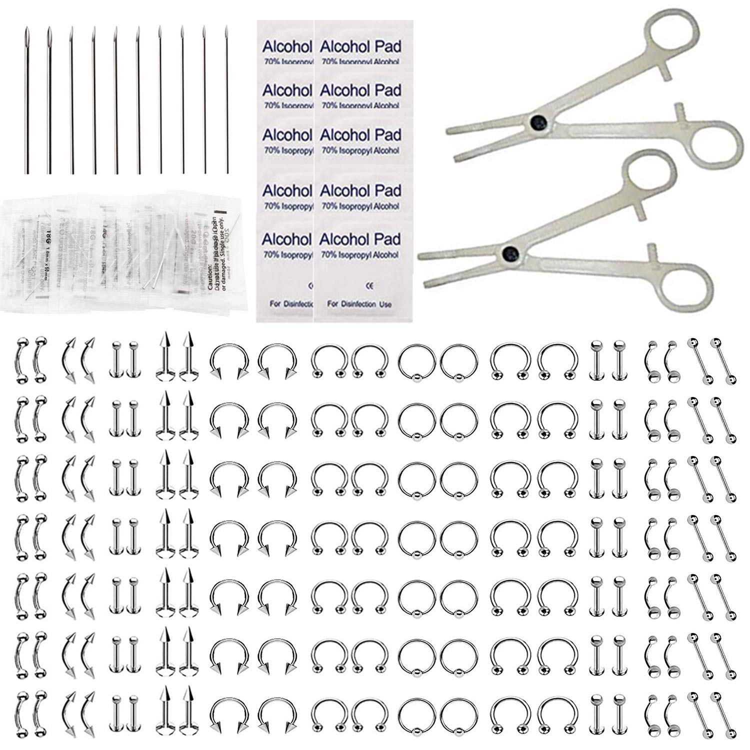 Romlon Piercing Kits - 198Pcs Professional Piercing Kit Surgical Steel Piercing Jewelry Kit 14G 16G 18G Piercing Needles Disposable Piercing Clamps Belly Ring Tongue Tragus Nose for Piercing