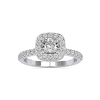 Certified Halo Engagement Ring Studded with 0.58 Ct IJ-SI Natural Diamond & 0.67 Ct Cushion Moissanite Solitaire Diamond in 14K White Gold/Yellow Gold/Rose Gold for Women on her Birthday Ceremony