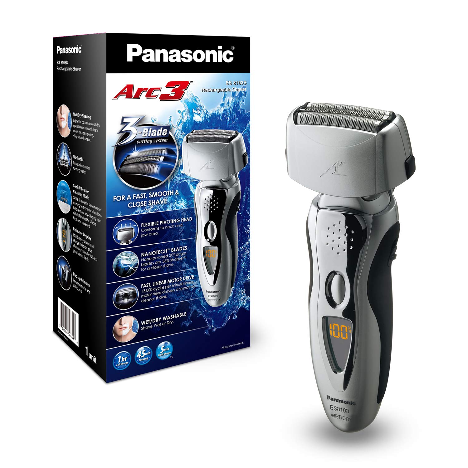 Panasonic Electric Shaver and Trimmer for Men ES8103S Arc3, Wet/Dry with 3 Nanotech Blades and Flexible Pivoting Head