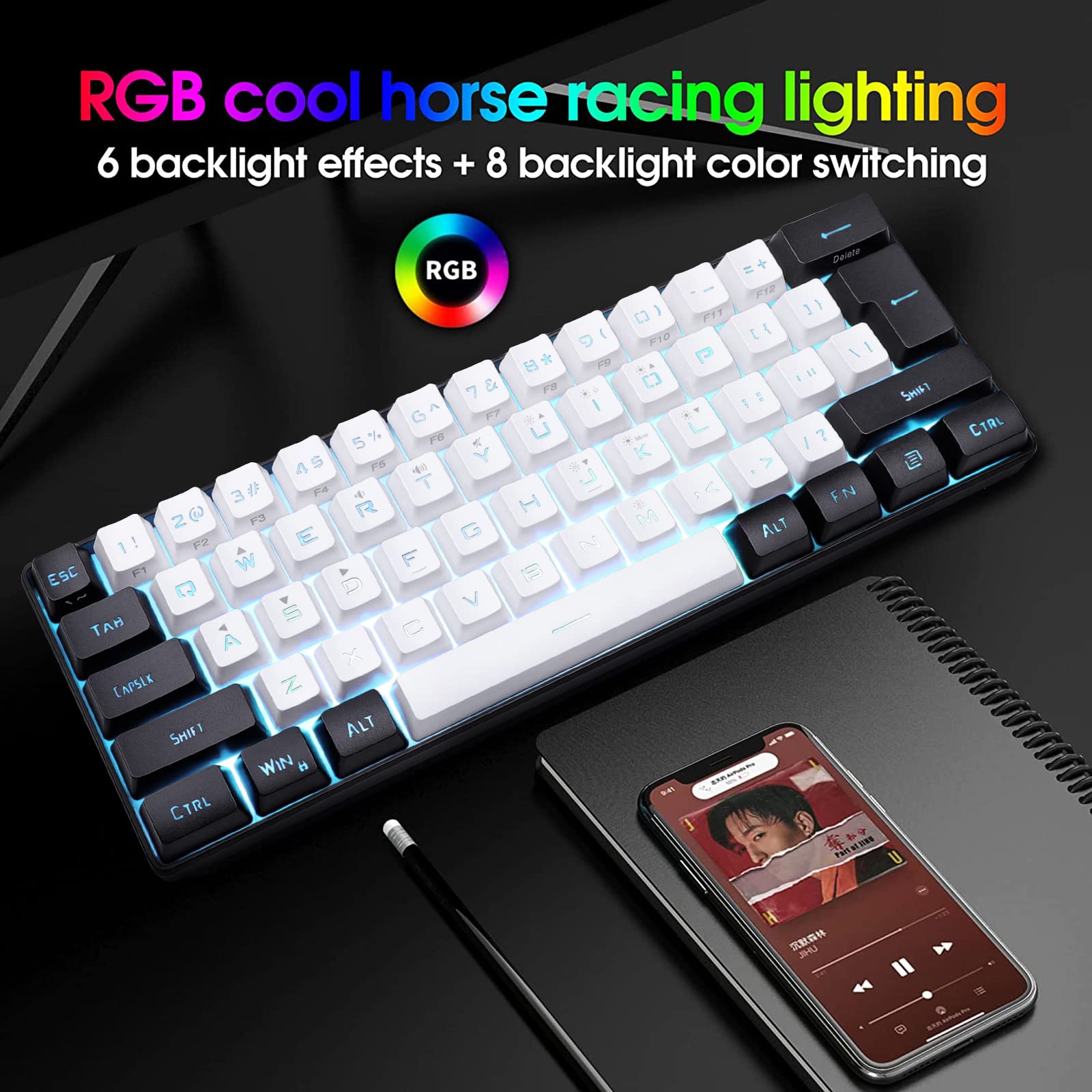 CTBTBESE 60% Wired Gaming Keyboard, RGB Backlit Mechanical Feeling Keyboard, Ultra-Compact Mini Waterproof Keyboard for PC Computer Gamer White and Black (White/Black)