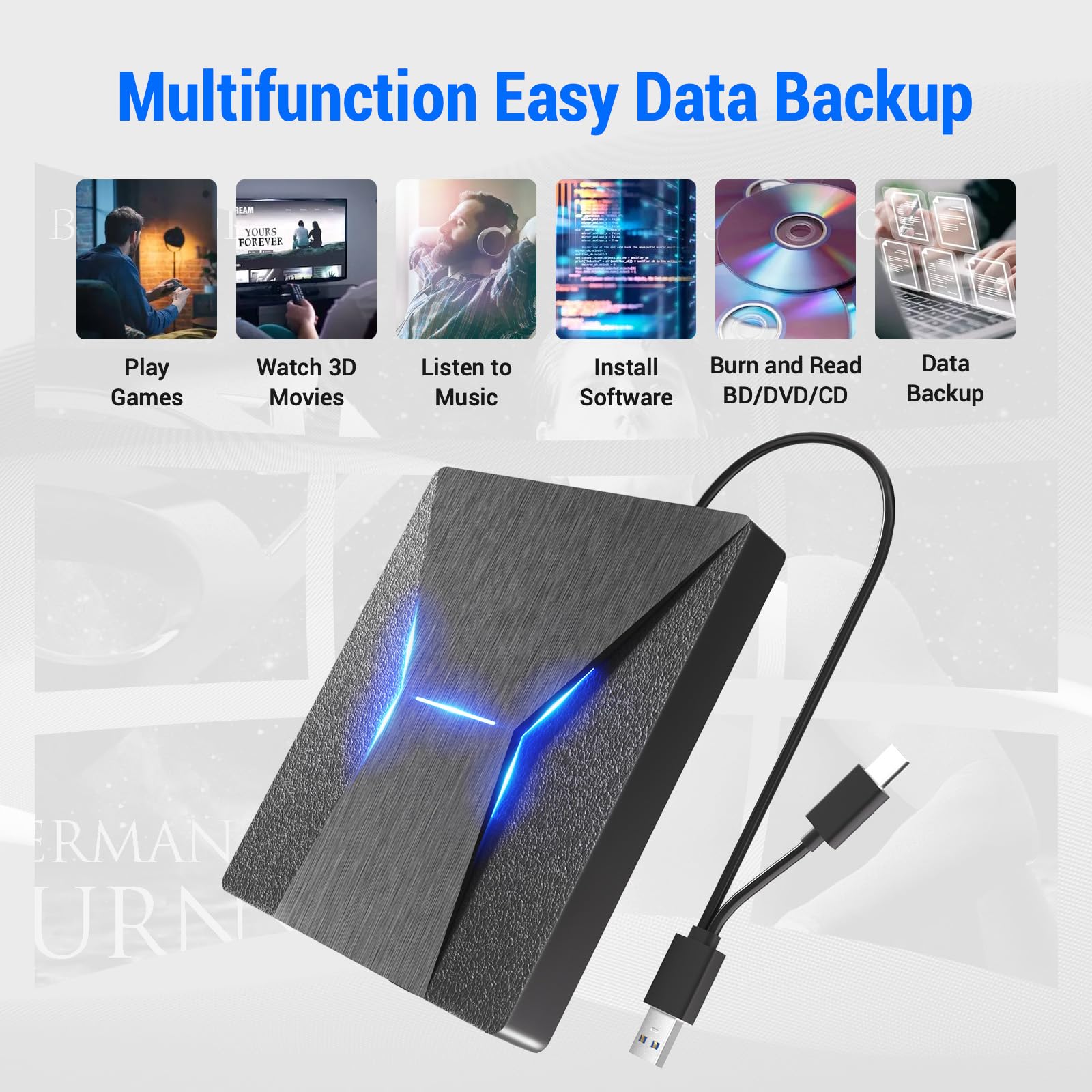 MthsTec External Blu ray Drive, Portable 4K Blu-ray Drive USB 3.0 and Type-C bluray DVD Burner 3D Optical Bluray CD DVD Drive Compatible with MacOS，Windows XP/7/8/10 for Laptop, MacBook, Desktop